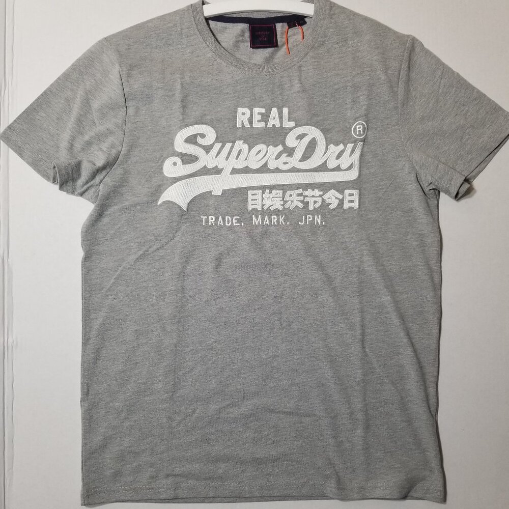 Superdry Real Graphic T-Shirt Gray Short Sleeve Logo Tee Size XL